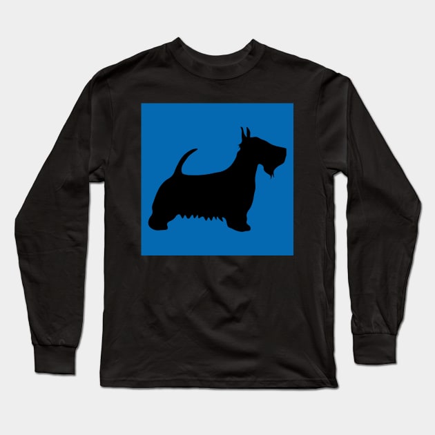 Scottish Terrier Dog Silhouette - Black on Scottish Saltire Blue Background Long Sleeve T-Shirt by MacPean